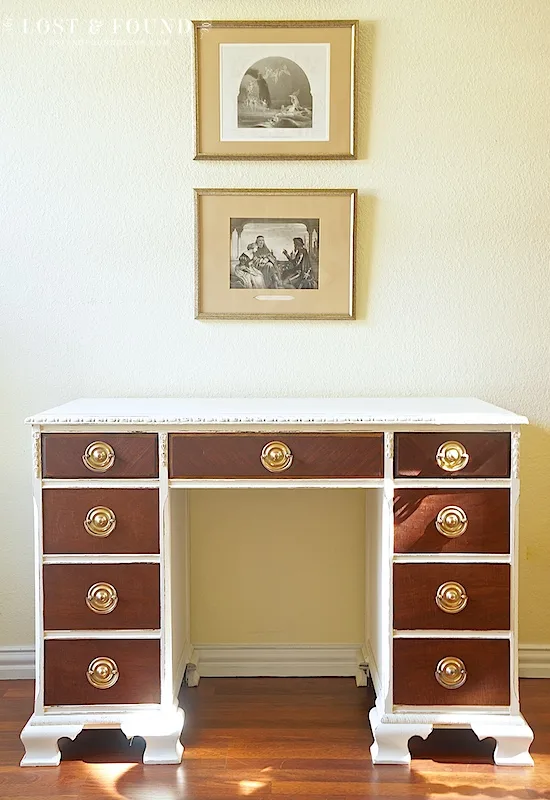 White Desk with Stained Wood Drawers
