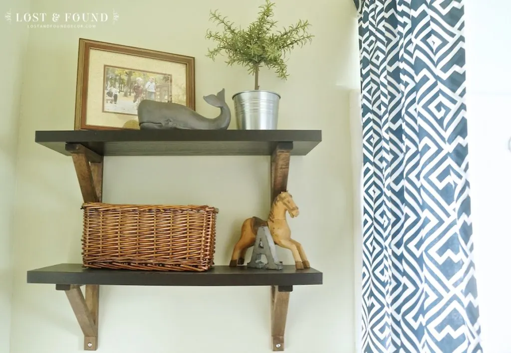 boys bathroom shelving and decor