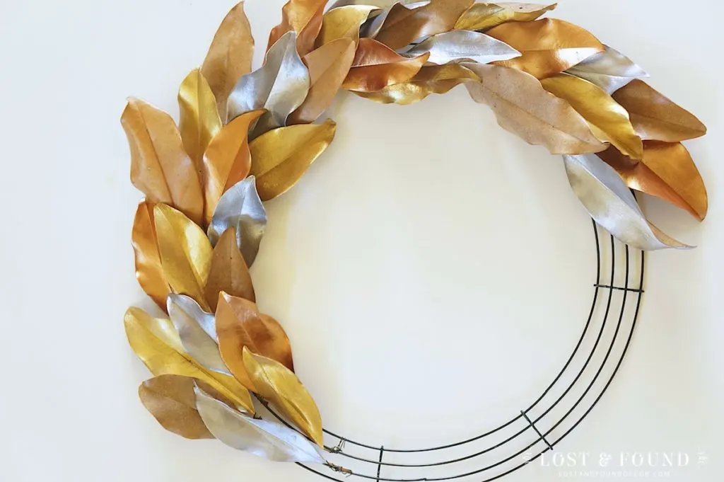 diy metallic leaf magnolia wreath