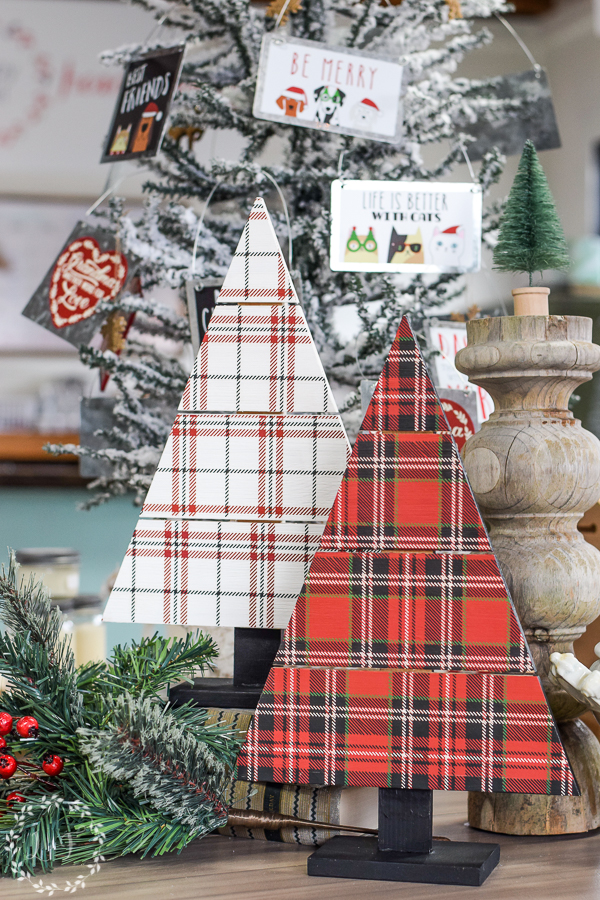 plaid wooden christmas trees