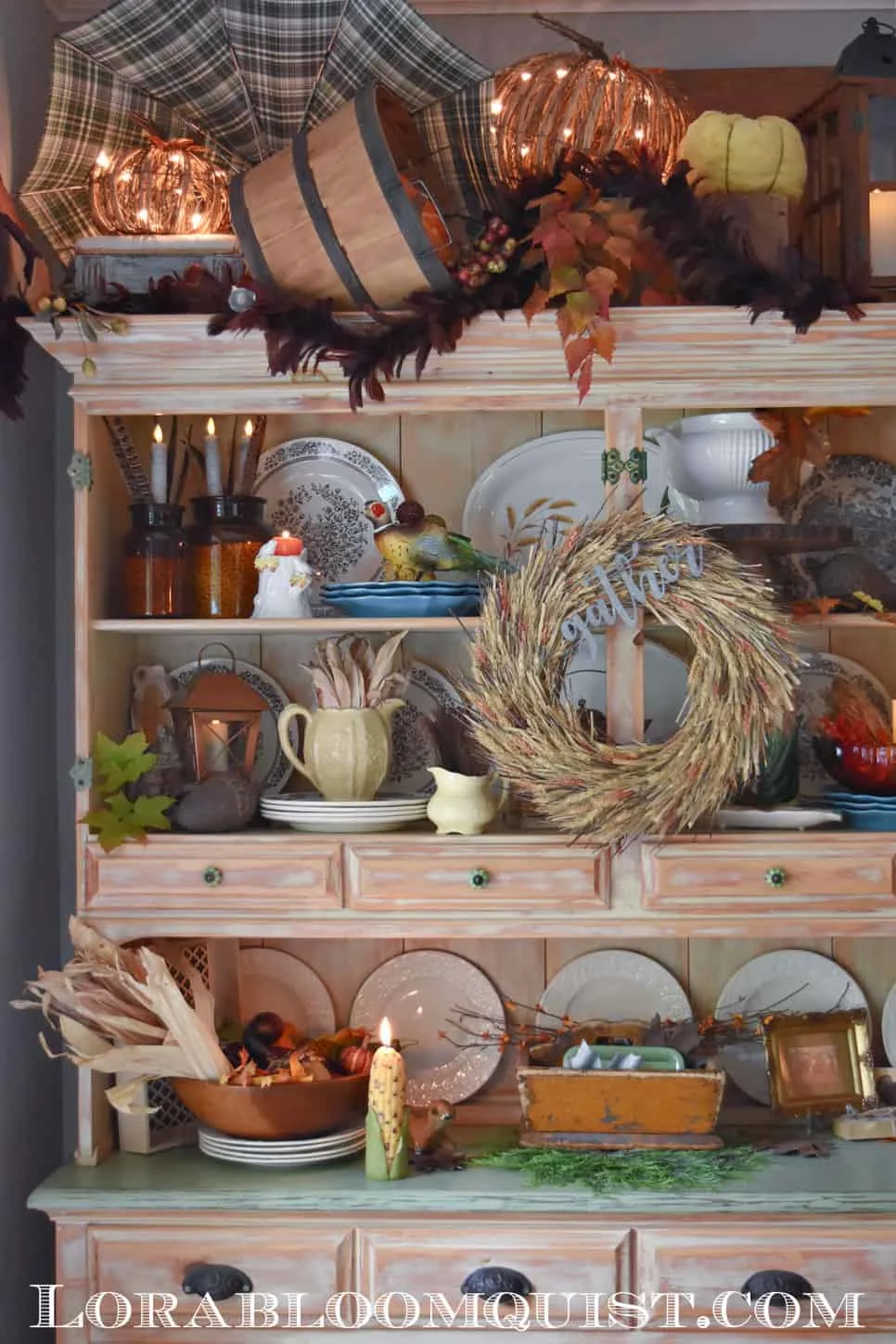 hutch decorated for fall