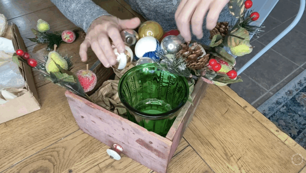 old wooden box with ornaments