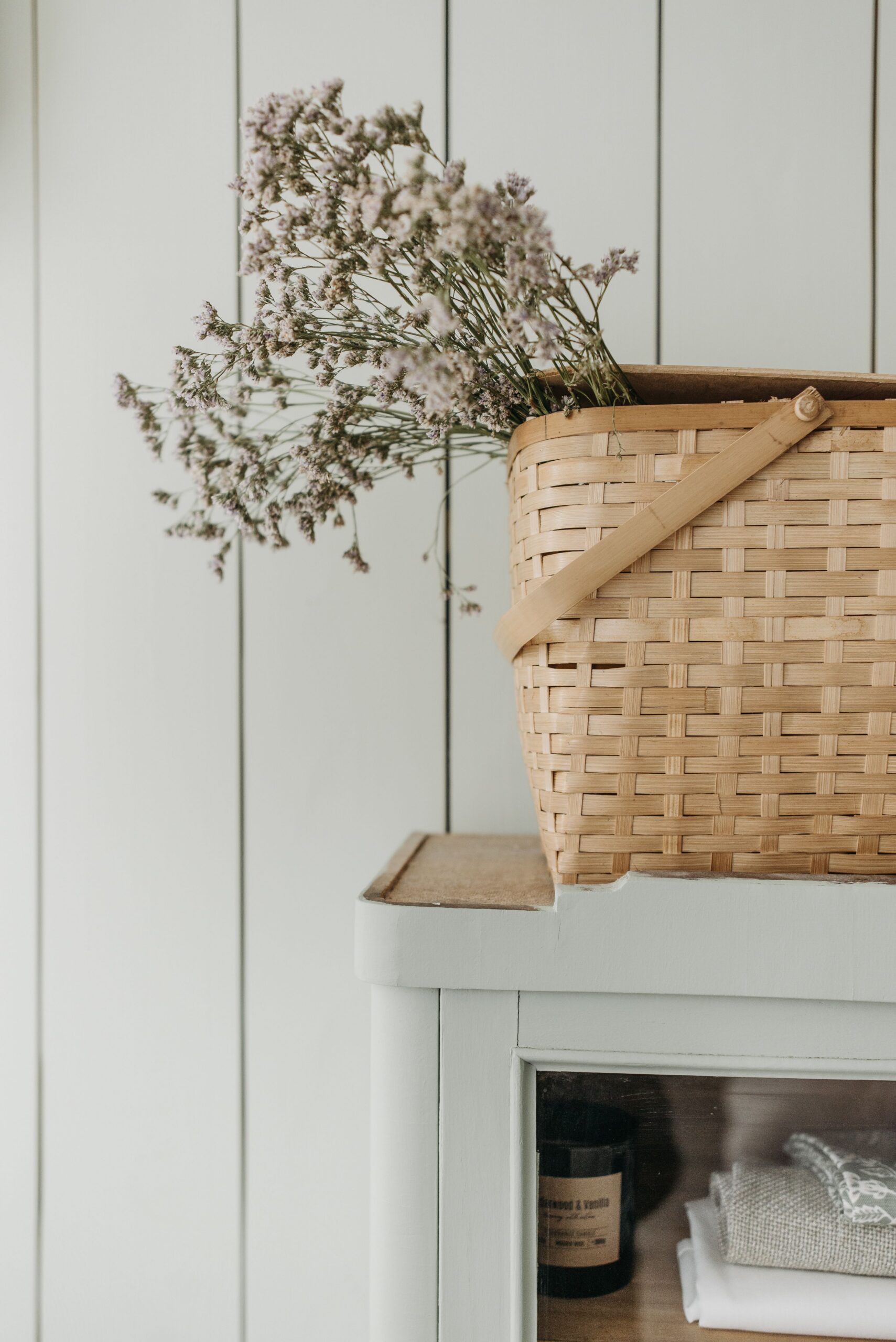 basket on a cabinet